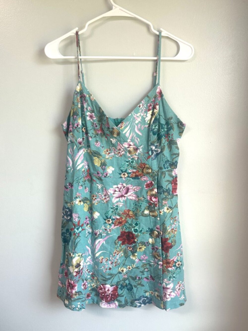 LUSH Teal Floral Asymmetrical Button Front Mini Dress Size M